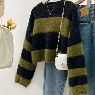 b44 Áo Len Nữ NAHA Dệt Kim Tay Rộng Ấm Áp Dáng Ngắn Croptop Họa Tiết Kẻ Ngang Lông Xù Thu Đông