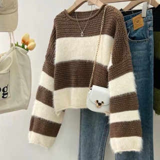 b44 Áo Len Nữ NAHA Dệt Kim Tay Rộng Ấm Áp Dáng Ngắn Croptop Họa Tiết Kẻ Ngang Lông Xù Thu Đông