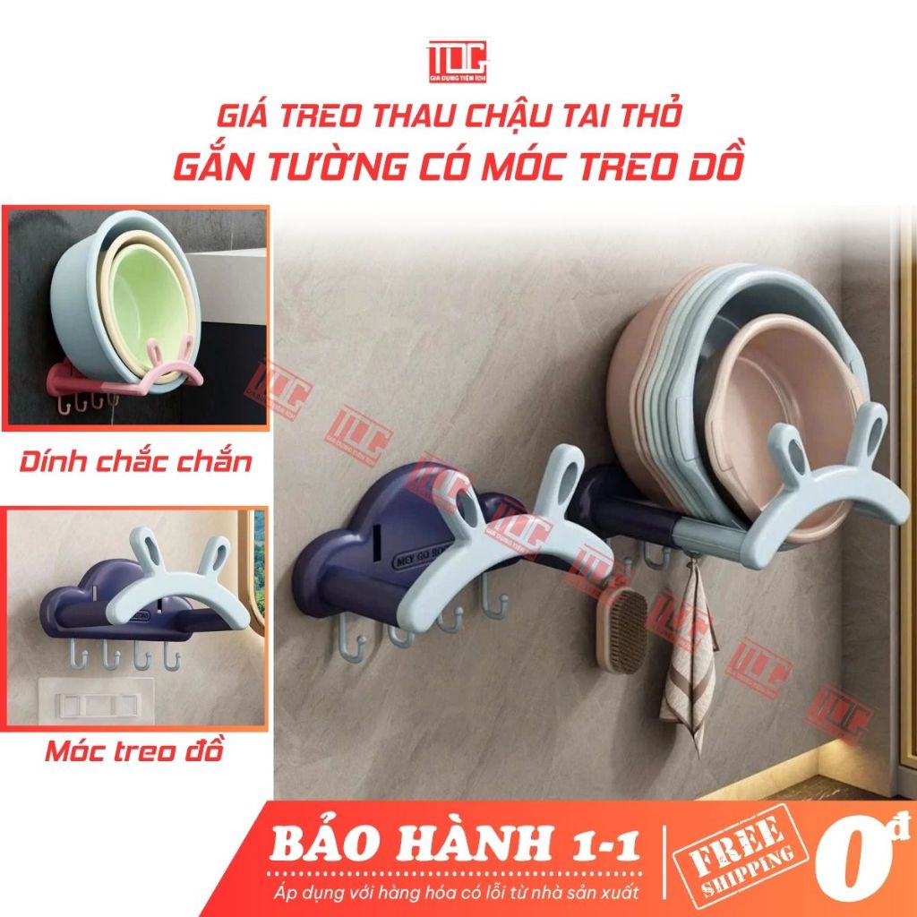 Giá treo thau chậu tai thỏ TDG gắn tường nhà tắm có móc treo kệ cài nắp ...