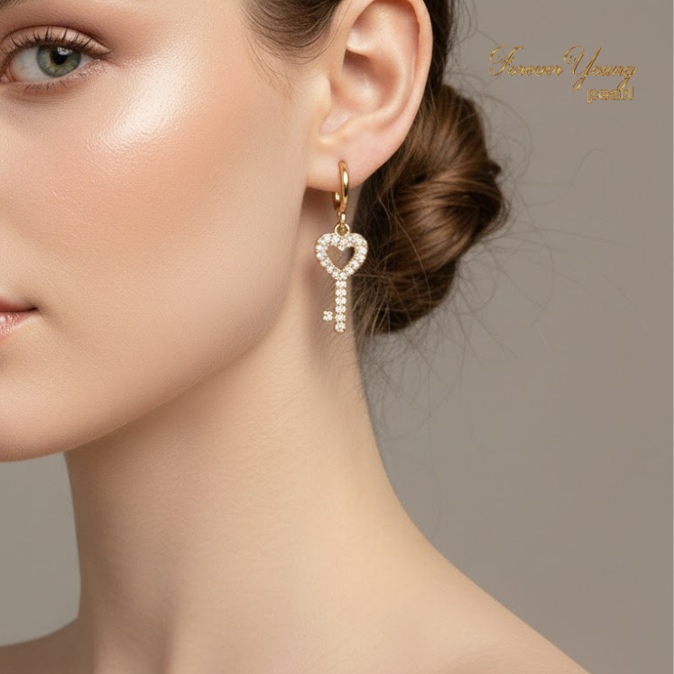 Mã BT46. Bông Tai Mạ Vàng 18K Chìa Khoá Bí Ẩn Sang Trọng. Forever Young Pearl