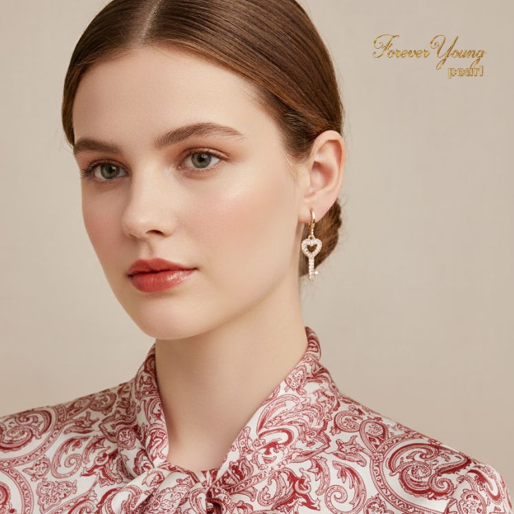 Mã BT46. Bông Tai Mạ Vàng 18K Chìa Khoá Bí Ẩn Sang Trọng. Forever Young Pearl