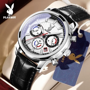 PLAYBOY Đồng hồ Nam Thật Dây da thạch anh chính hãng chống nước lịch Đa chức năng ánh sáng 3305