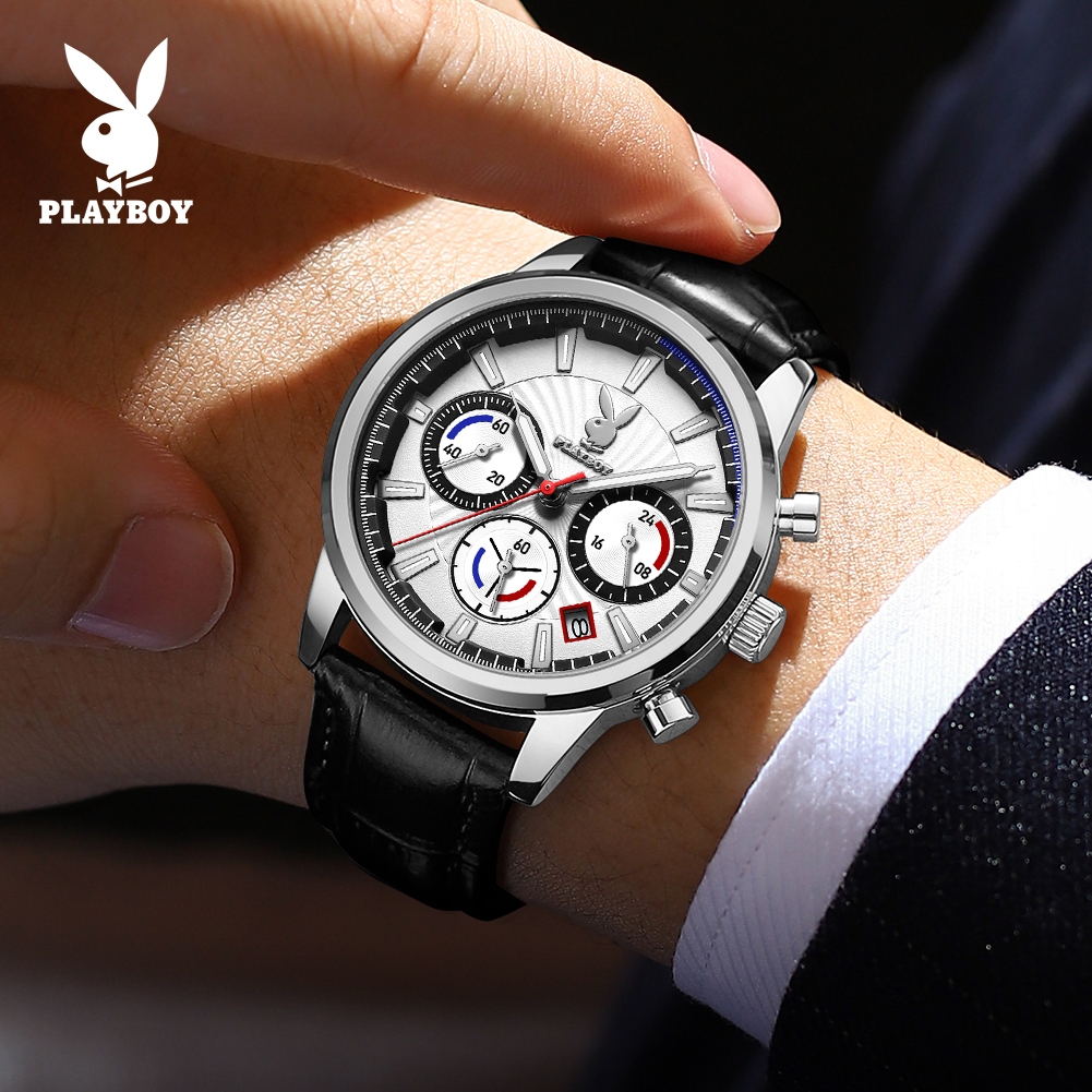 PLAYBOY Đồng hồ Nam Thật Dây da thạch anh chính hãng chống nước lịch Đa chức năng ánh sáng 3305