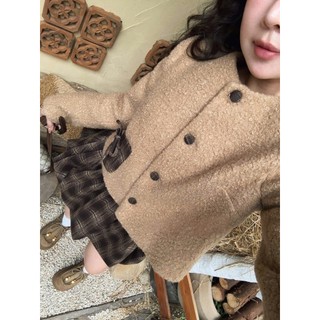 MIMI CLOTHING -Bộ đồ đông áo dạ lông cừu mềm ấm phối váy caro bồng