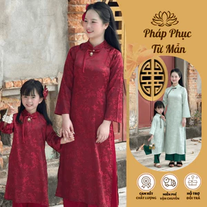 Áo dài tết 2026 mẹ và bé lụa gấm phối nơ chuông Set áo dài cho mẹ bé size 11-65kg mặc đi chùa, chụp ảnh dễ thương