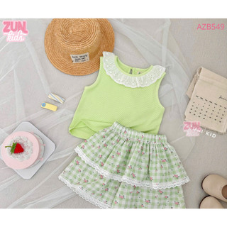 Set Bé Gái Áo Phối Cổ Ren & Quần Váy Hoa Minzy AZB549 – Áo Thun Cotton Ôm Co Giãn, Váy Thô Hoa Tầng Dễ Thương