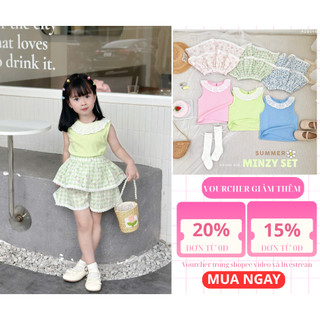 Set Bé Gái Áo Phối Cổ Ren & Quần Váy Hoa Minzy AZB549 – Áo Thun Cotton Ôm Co Giãn, Váy Thô Hoa Tầng Dễ Thương
