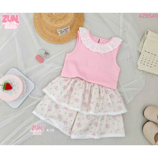 Set Bé Gái Áo Phối Cổ Ren & Quần Váy Hoa Minzy AZB549 – Áo Thun Cotton Ôm Co Giãn, Váy Thô Hoa Tầng Dễ Thương