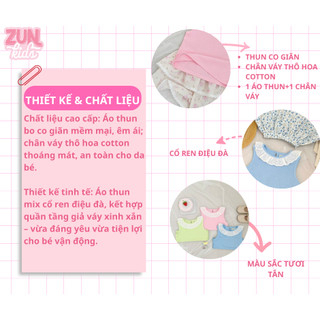 Set Bé Gái Áo Phối Cổ Ren & Quần Váy Hoa Minzy AZB549 – Áo Thun Cotton Ôm Co Giãn, Váy Thô Hoa Tầng Dễ Thương