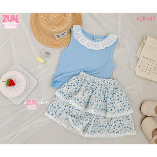 Set Bé Gái Áo Phối Cổ Ren & Quần Váy Hoa Minzy AZB549 – Áo Thun Cotton Ôm Co Giãn, Váy Thô Hoa Tầng Dễ Thương