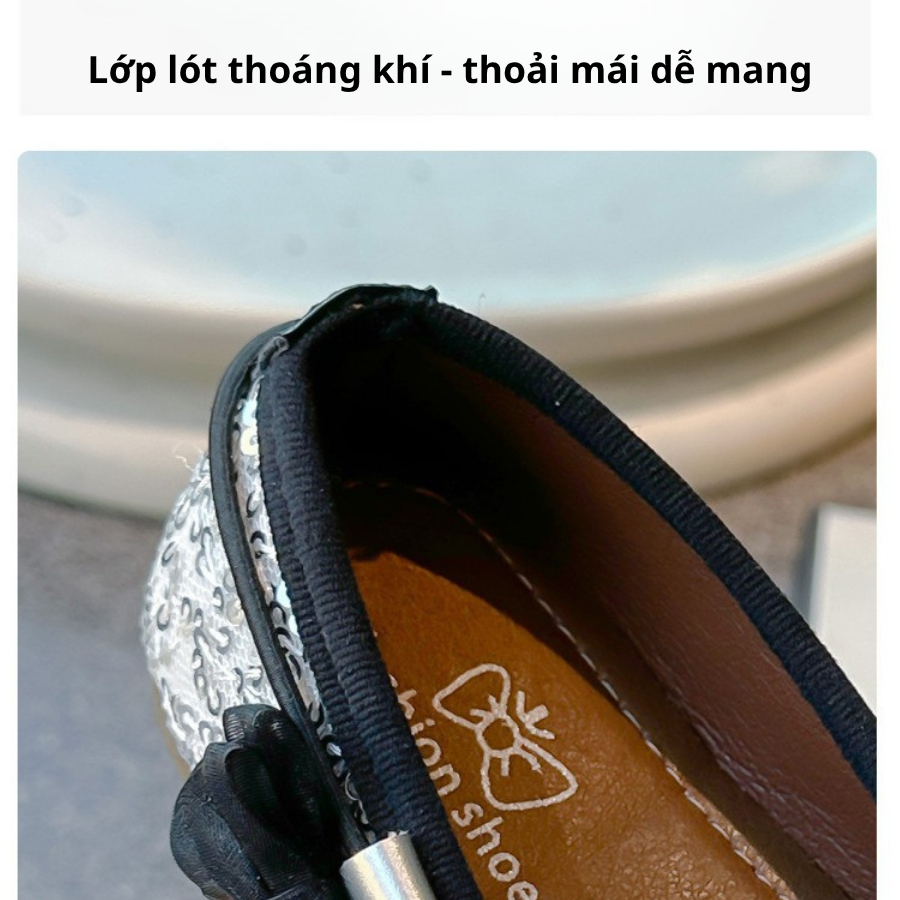 [M018] Giày Búp Bê Bé Gái Đính Kim Sa Lấp Lánh Phối Nơ Quai Dán Tiện Lợi, Giày Công Chúa Đế Cao Su Nhẹ Êm Chân TH Kids