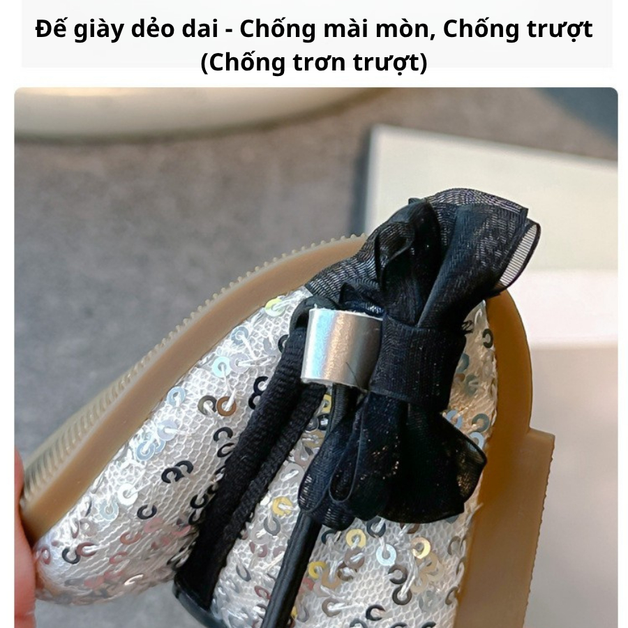 [M018] Giày Búp Bê Bé Gái Đính Kim Sa Lấp Lánh Phối Nơ Quai Dán Tiện Lợi, Giày Công Chúa Đế Cao Su Nhẹ Êm Chân TH Kids