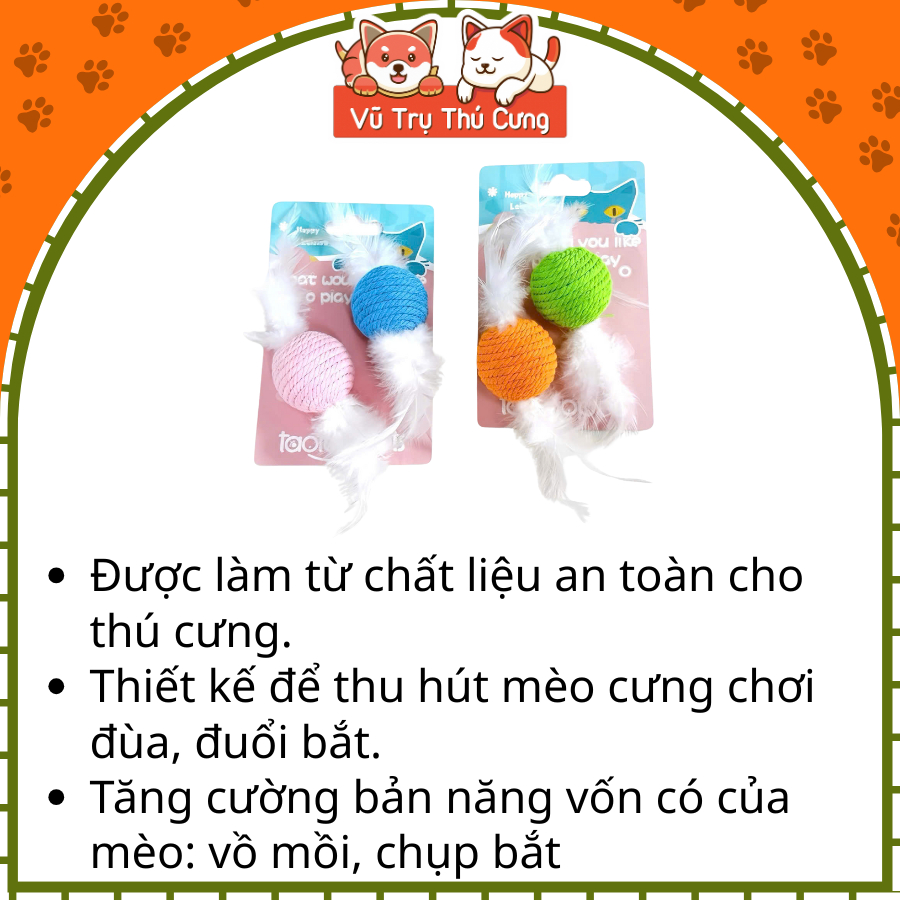 Đồ Chơi Cho Mèo Set 2 Bóng Thừng Tròn Kèm Lông Vũ Giúp Mèo Vận Động, Giải Trí Phát Triển Toàn Diện