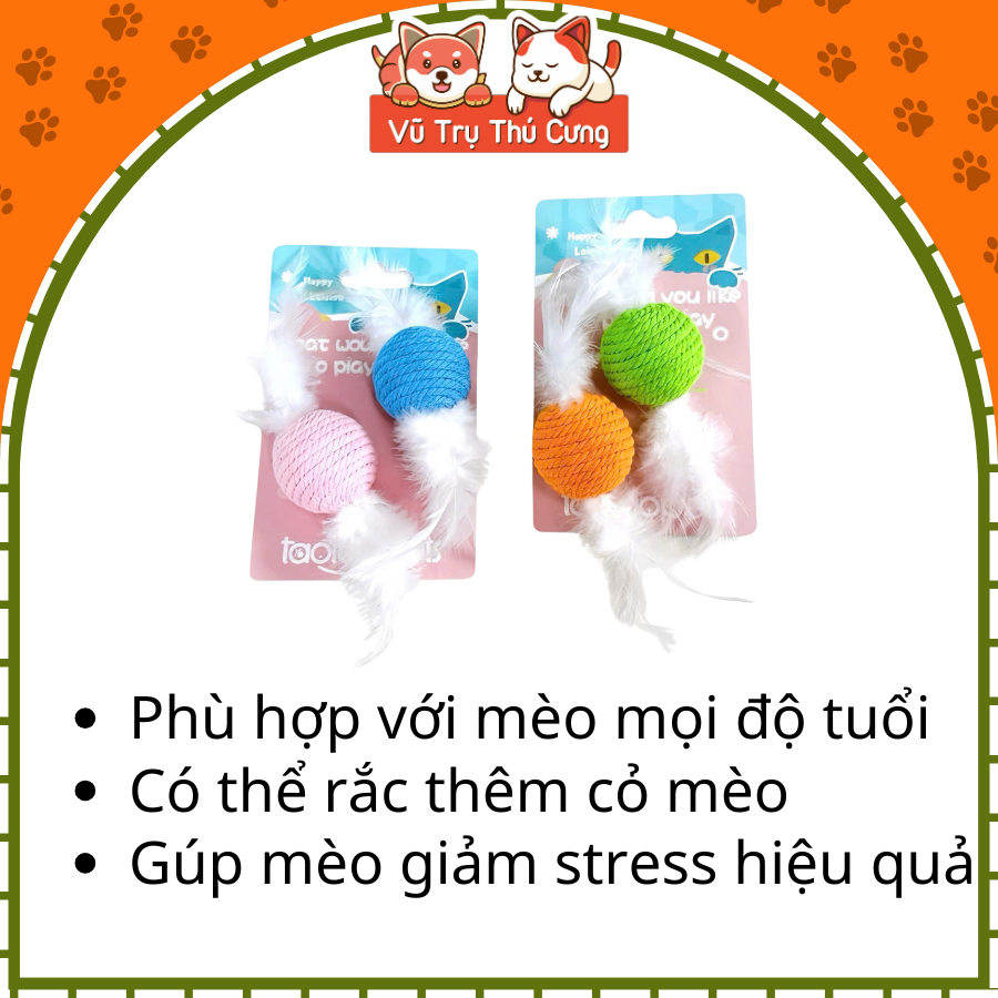 Đồ Chơi Cho Mèo Set 2 Bóng Thừng Tròn Kèm Lông Vũ Giúp Mèo Vận Động, Giải Trí Phát Triển Toàn Diện
