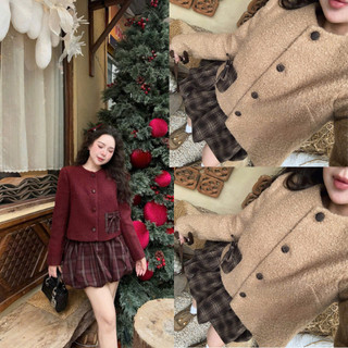 MIMI CLOTHING -Bộ đồ đông áo dạ lông cừu mềm ấm phối váy caro bồng
