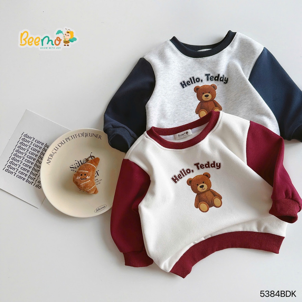 Bộ nỉ phối tay in gấu bé trai, bộ thu đông nỉ 2 da dày dặn cho bé