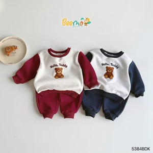 Bộ nỉ phối tay in gấu bé trai, bộ thu đông nỉ 2 da dày dặn cho bé