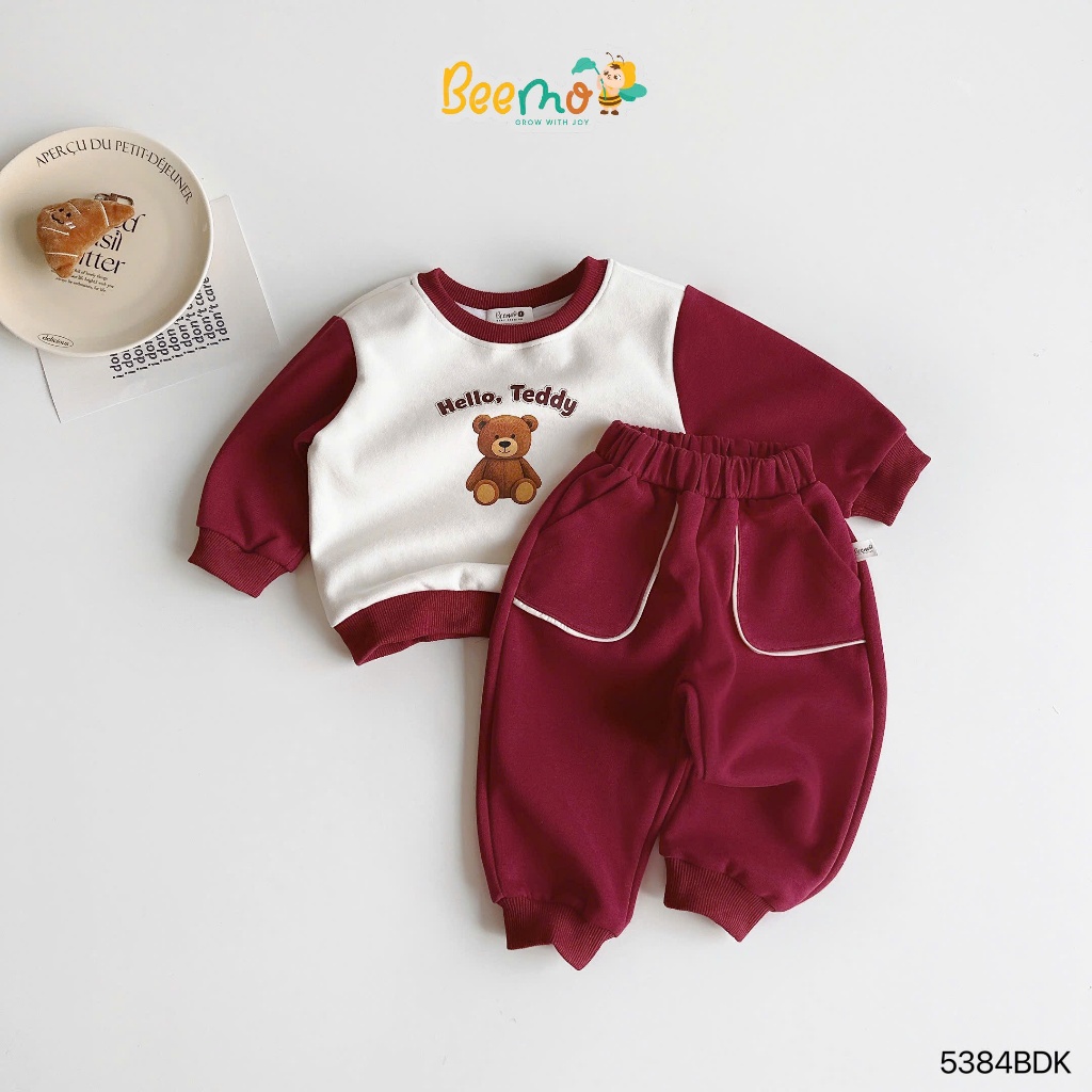 Bộ nỉ phối tay in gấu bé trai, bộ thu đông nỉ 2 da dày dặn cho bé