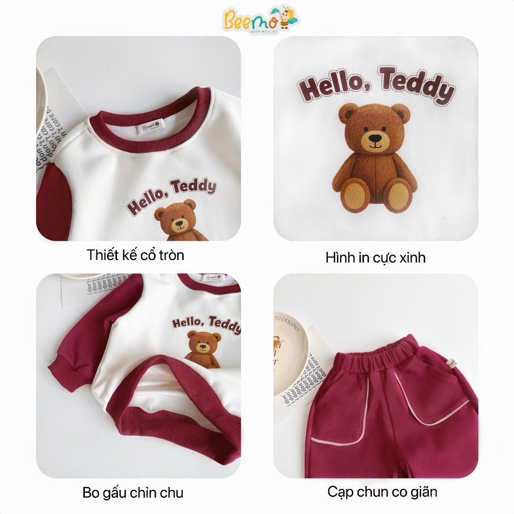 Bộ nỉ phối tay in gấu bé trai, bộ thu đông nỉ 2 da dày dặn cho bé