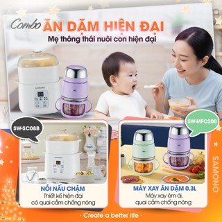 Combo ăn dặm hiện đại Samono nồi nấu cháo chậm 0.8L và máy xay 0.3L SW-SC08B và SW-MFC200 - BH 1 năm