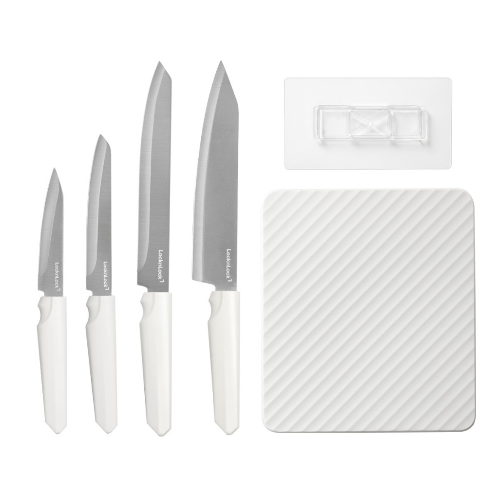 Bộ Dao Nhà Bếp LocknLock Wall Mounted Knife Set CKK307S5 Gồm 4 Dao, 1 Hộp Đựng, Trắng Ngà - K-MALL