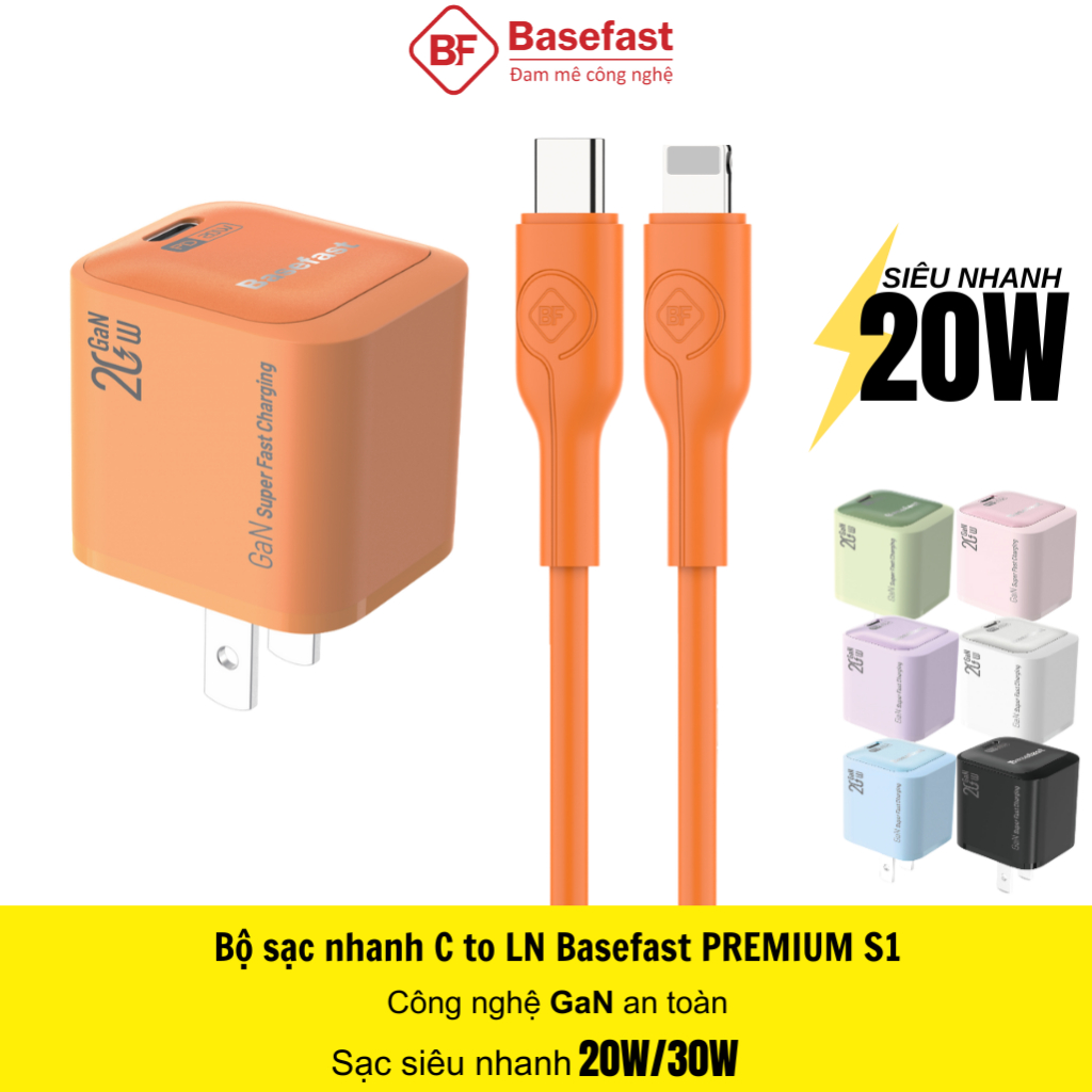 Combo bộ sạc nhanh 20W Basefast cho Phone xs 11 12 13 14 pro max ...Củ GaN kèm dây silicon siêu bền