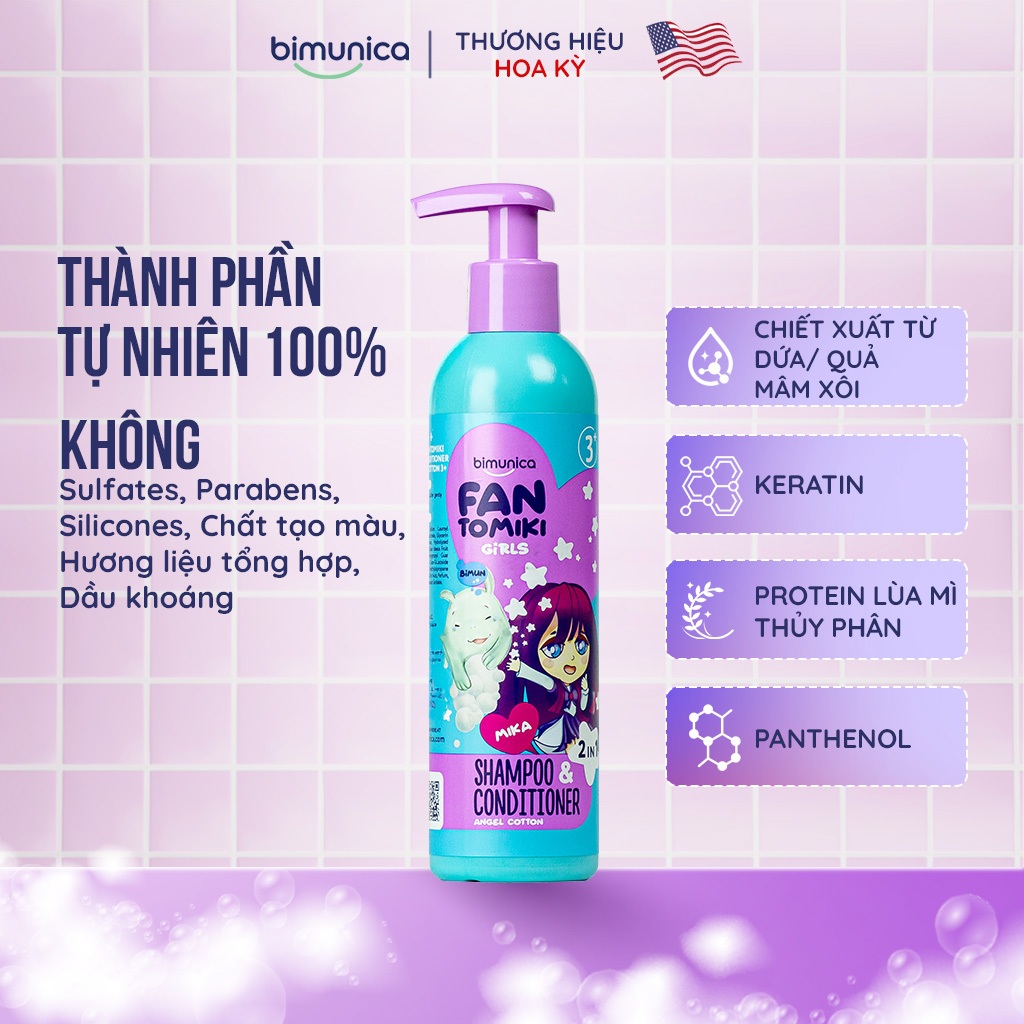 Dầu Gội Xả 2In1 Bimunica Fantomiki 250ml - Cho Bé Gái Từ 3 Tuổi, Không Cay Mắt, Làm Sạch/Mềm Tóc