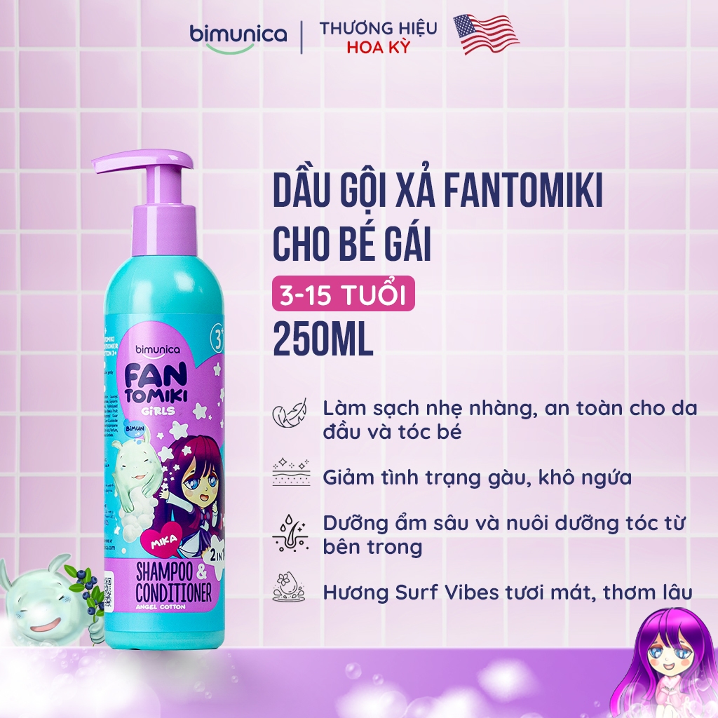 Dầu Gội Xả 2In1 Bimunica Fantomiki 250ml - Cho Bé Gái Từ 3 Tuổi, Không Cay Mắt, Làm Sạch/Mềm Tóc