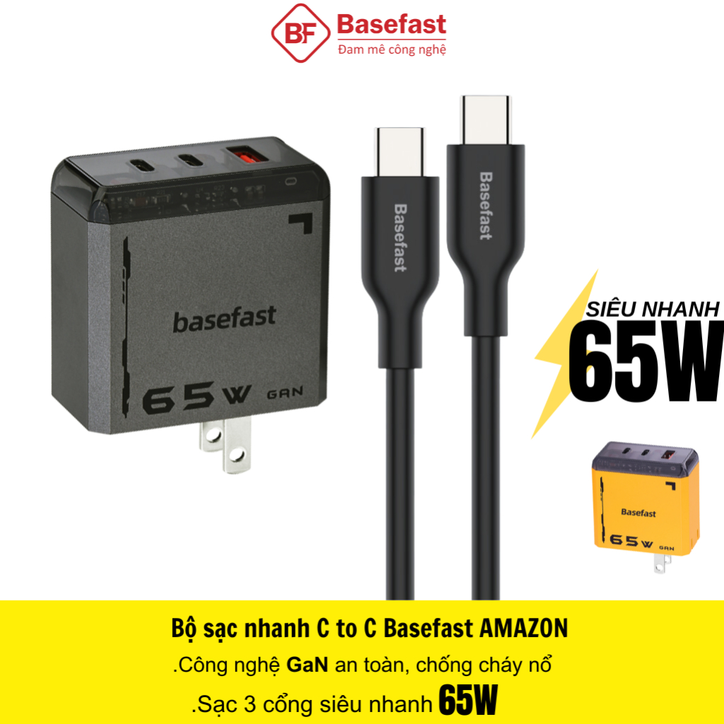 Bộ sạc nhanh Type C 65W Basefast củ sạc 3 cổng kèm dây 100w cho samsung xiaomi Mac laptop ip 15 16