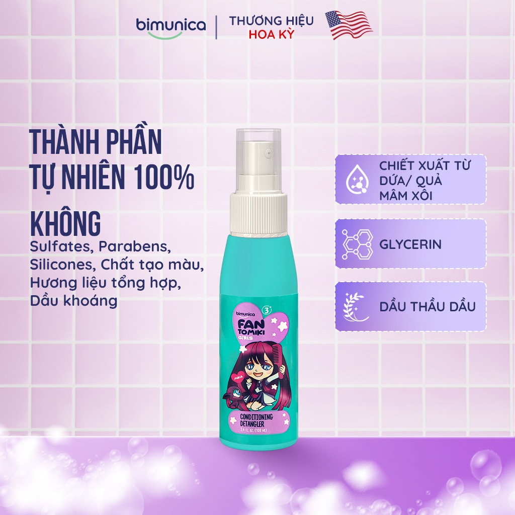 Xịt Xả Khô Dưỡng Gỡ Rối Tóc Bimunica Fantomiki Cho Bé Gái Từ 3 Tuổi 100ml - Mềm Mượt, Dễ Chải, Bảo Vệ UV