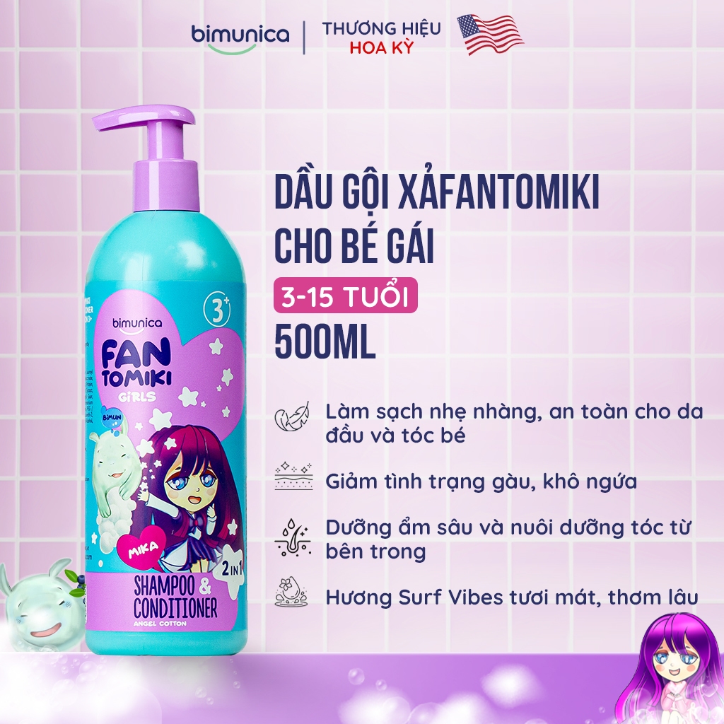 Dầu Gội Xả 2In1 Bimunica Fantomiki Cho Bé Gái Từ 3 Tuổi 500ml - Không Cay Mắt, Làm Sạch/Mềm Mượt