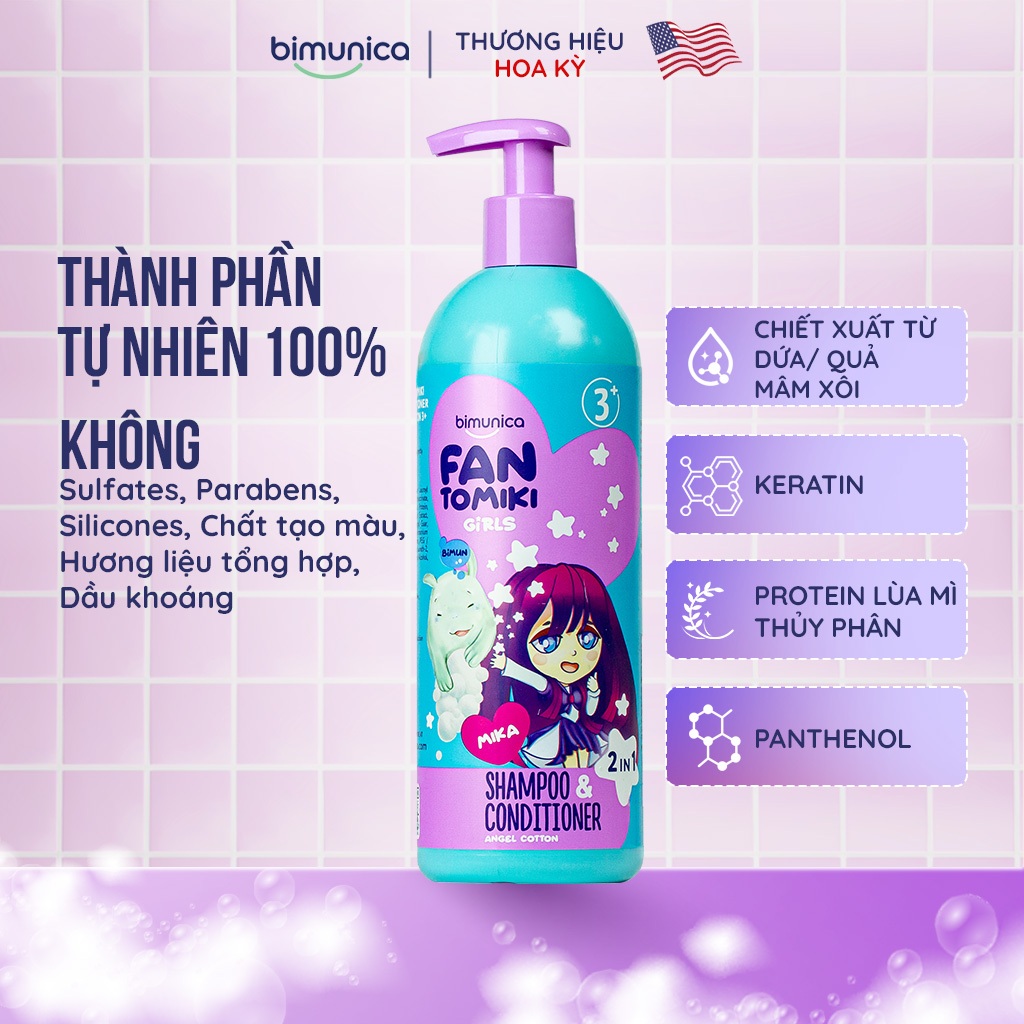 Dầu Gội Xả 2In1 Bimunica Fantomiki Cho Bé Gái Từ 3 Tuổi 500ml - Không Cay Mắt, Làm Sạch/Mềm Mượt