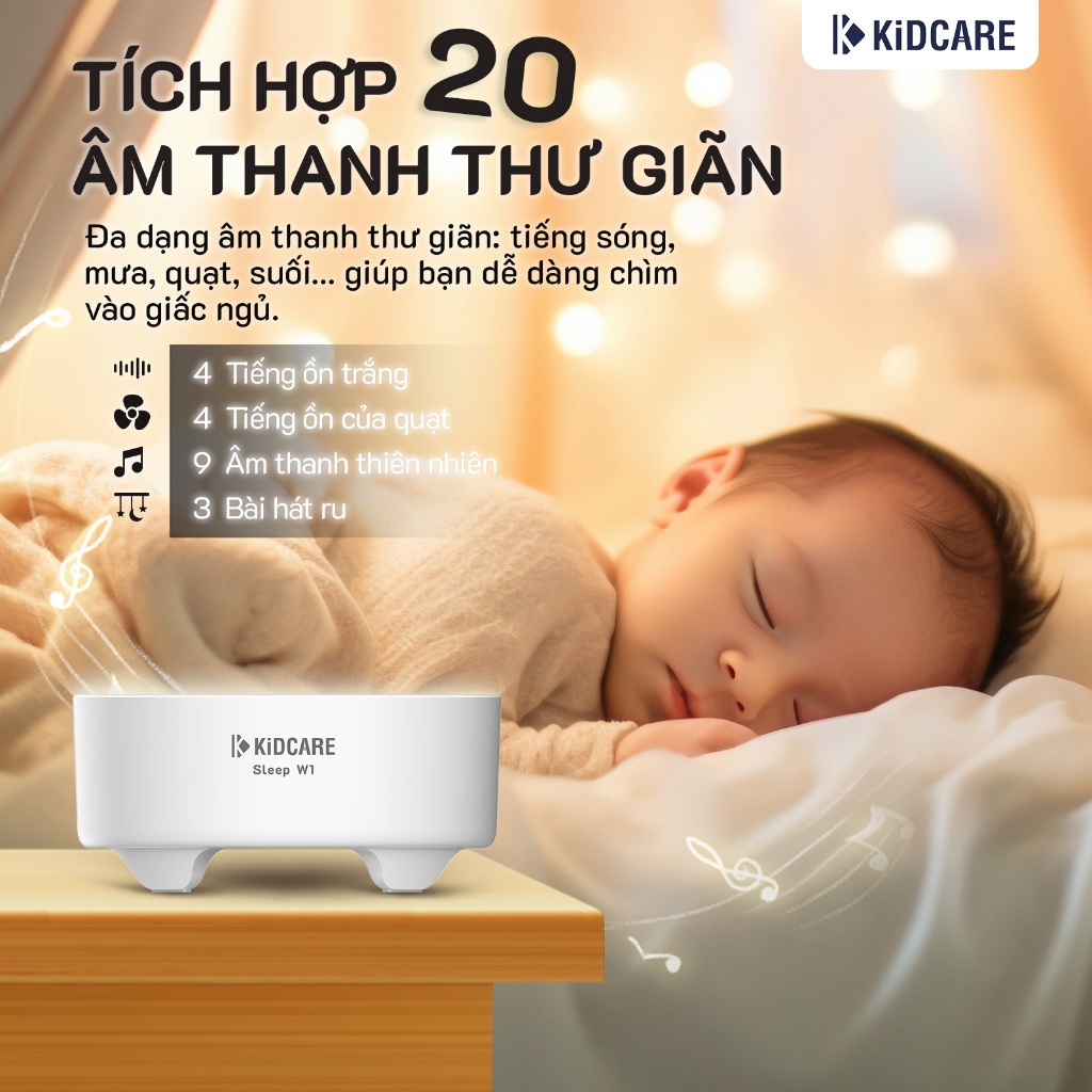Máy Tạo Tiếng Ồn Trắng Kidcare Sleep W1 – Tích Hợp 20 Âm Thanh, Có Đèn Ngủ