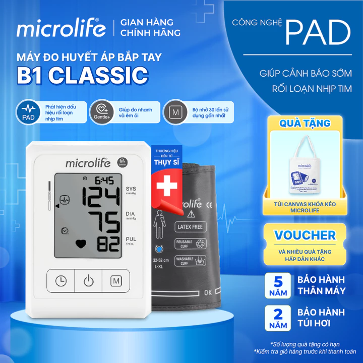 Máy Đo Huyết Áp Bắp Tay Microlife B1 CLASSIC, PAD Cảnh Báo Rối Loạn Nhịp Tim, Gentle+ Đo Nhanh và Êm