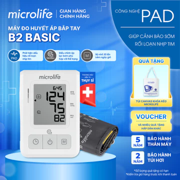 Máy Đo Huyết Áp Microlife B2 BASIC, PAD Cảnh Báo Rối Loạn Nhịp Tim, Bộ Nhớ 30 Lần Đo, Gentle+ Đo Êm
