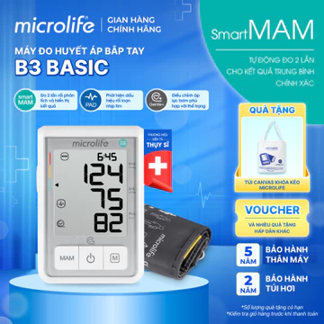 Máy Đo Huyết Áp Bắp Tay Microlife B3 Basic, SmartMAM Trung Bình 2 Lần Đo, Cảnh Báo Rối Loạn Nhịp Tim