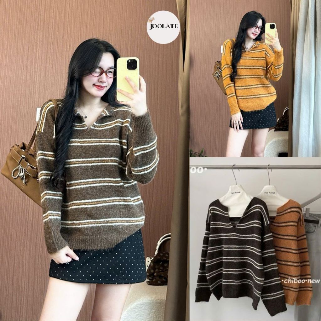 Áo Len Kẻ Sọc Cổ V Nâu Cam Vintage Ulzzang – V Neck Knit Brown Orange Cho Nữ Joolate 1728 P5