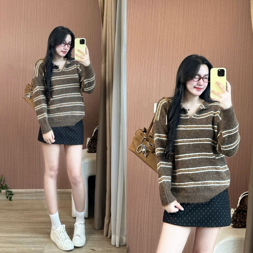 Áo Len Kẻ Sọc Cổ V Nâu Cam Vintage Ulzzang – V Neck Knit Brown Orange Cho Nữ Joolate 1728 P5