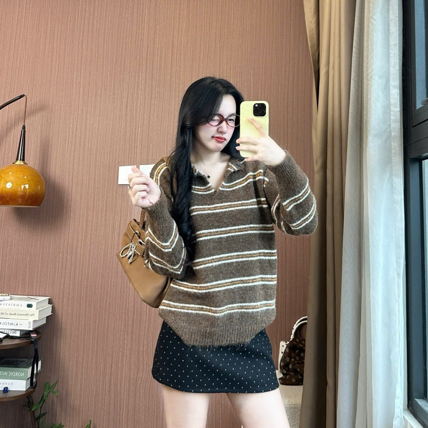 Áo Len Kẻ Sọc Cổ V Nâu Cam Vintage Ulzzang – V Neck Knit Brown Orange Cho Nữ Joolate 1728 P5