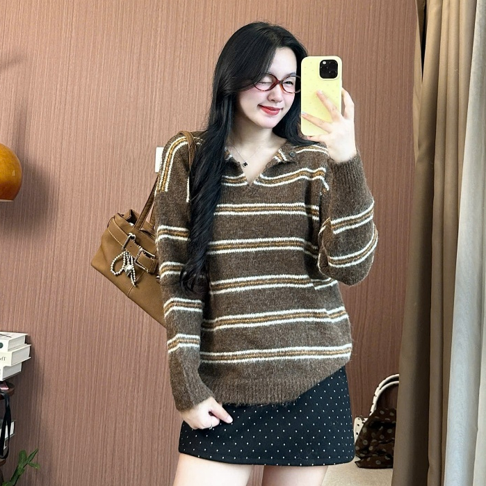 Áo Len Kẻ Sọc Cổ V Nâu Cam Vintage Ulzzang – V Neck Knit Brown Orange Cho Nữ Joolate 1728 P5