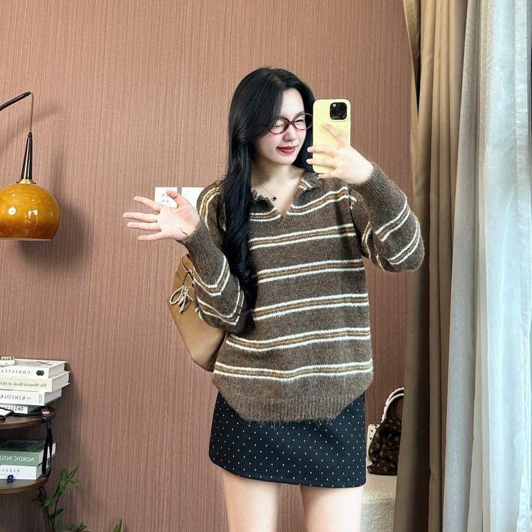 Áo Len Kẻ Sọc Cổ V Nâu Cam Vintage Ulzzang – V Neck Knit Brown Orange Cho Nữ Joolate 1728 P5
