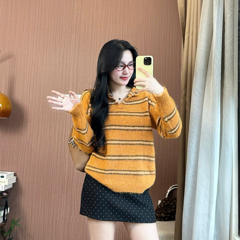 Áo Len Kẻ Sọc Cổ V Nâu Cam Vintage Ulzzang – V Neck Knit Brown Orange Cho Nữ Joolate 1728 P5
