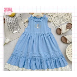 Đầm Bé Gái Thêu Hình Thỏ AZD533 – Váy Lolita Vintage Phối Ren, Chất Linen Lụa Mềm Mịn Dễ Thương
