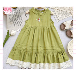 Đầm Bé Gái Thêu Hình Thỏ AZD533 – Váy Lolita Vintage Phối Ren, Chất Linen Lụa Mềm Mịn Dễ Thương