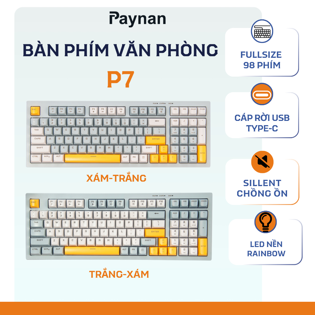 Bàn phím văn phòng P7 Paynan Navy Flow chống ồn kết nối cáp rời 98 phím ...