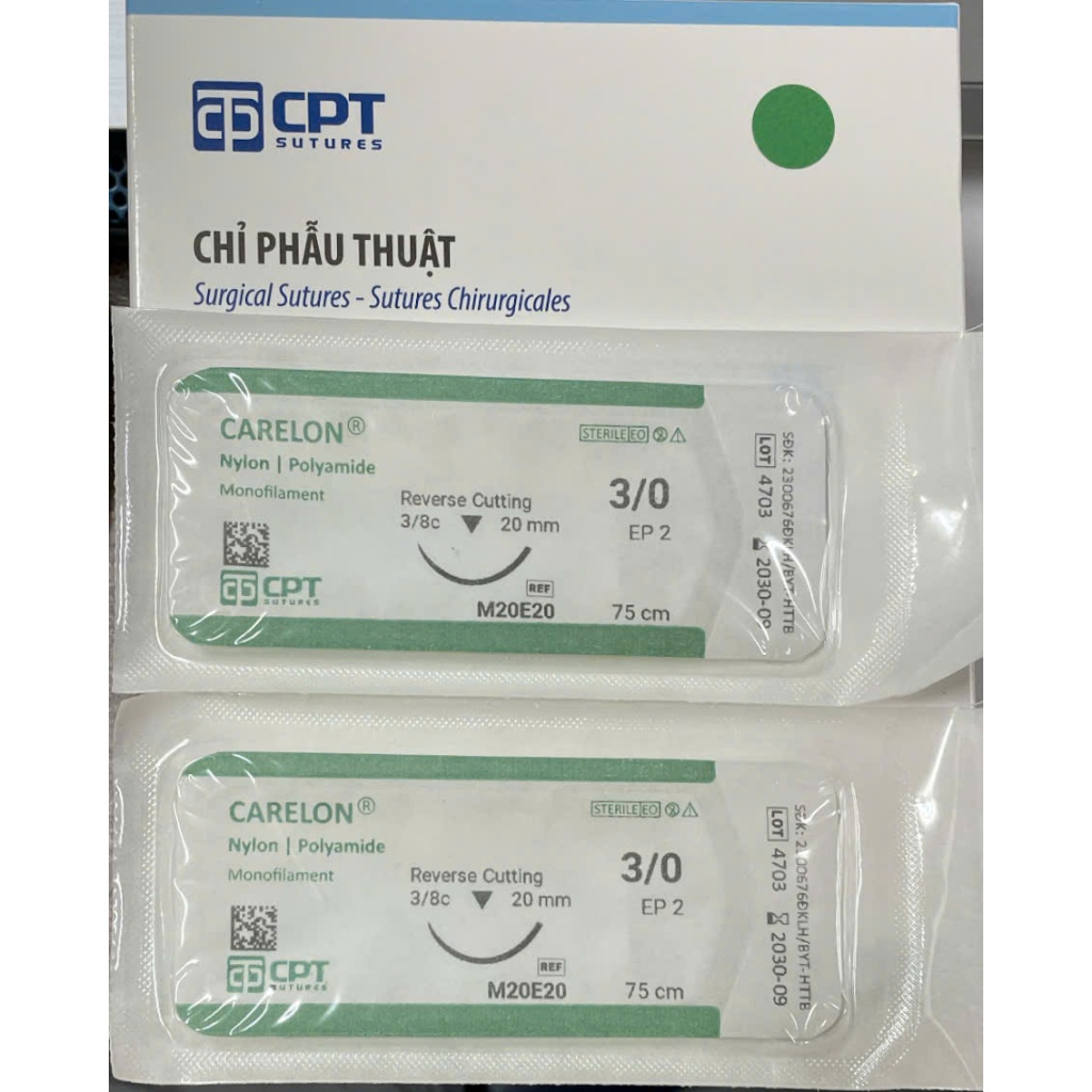Hộp 24 tép chỉ Nylon CPT 3.0 Mã M20E20.Chỉ phẫu thuật CPT Carelon Nylon số 3/0 tròn đều, co dãn tốt