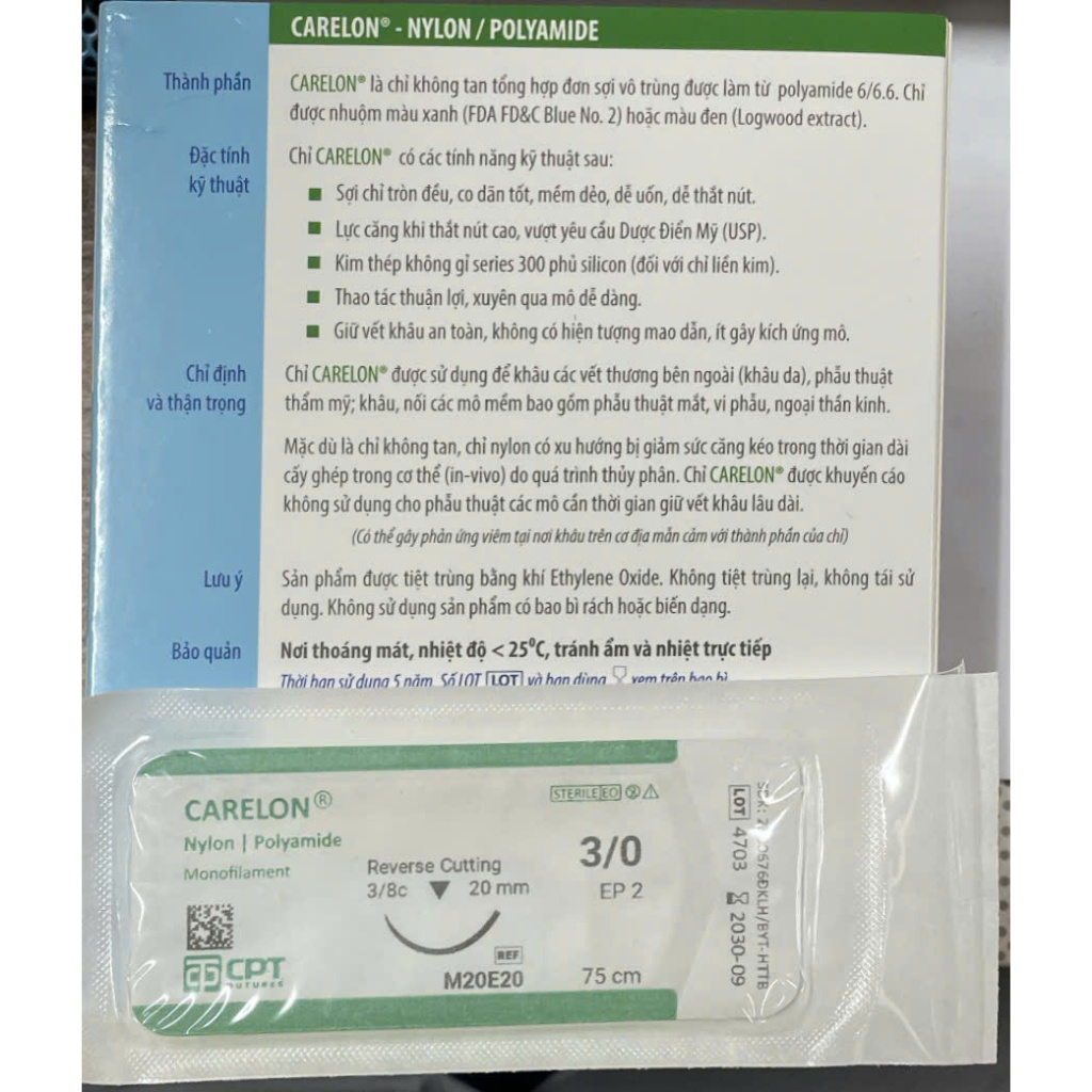 Hộp 24 tép chỉ Nylon CPT 3.0 Mã M20E20.Chỉ phẫu thuật CPT Carelon Nylon số 3/0 tròn đều, co dãn tốt