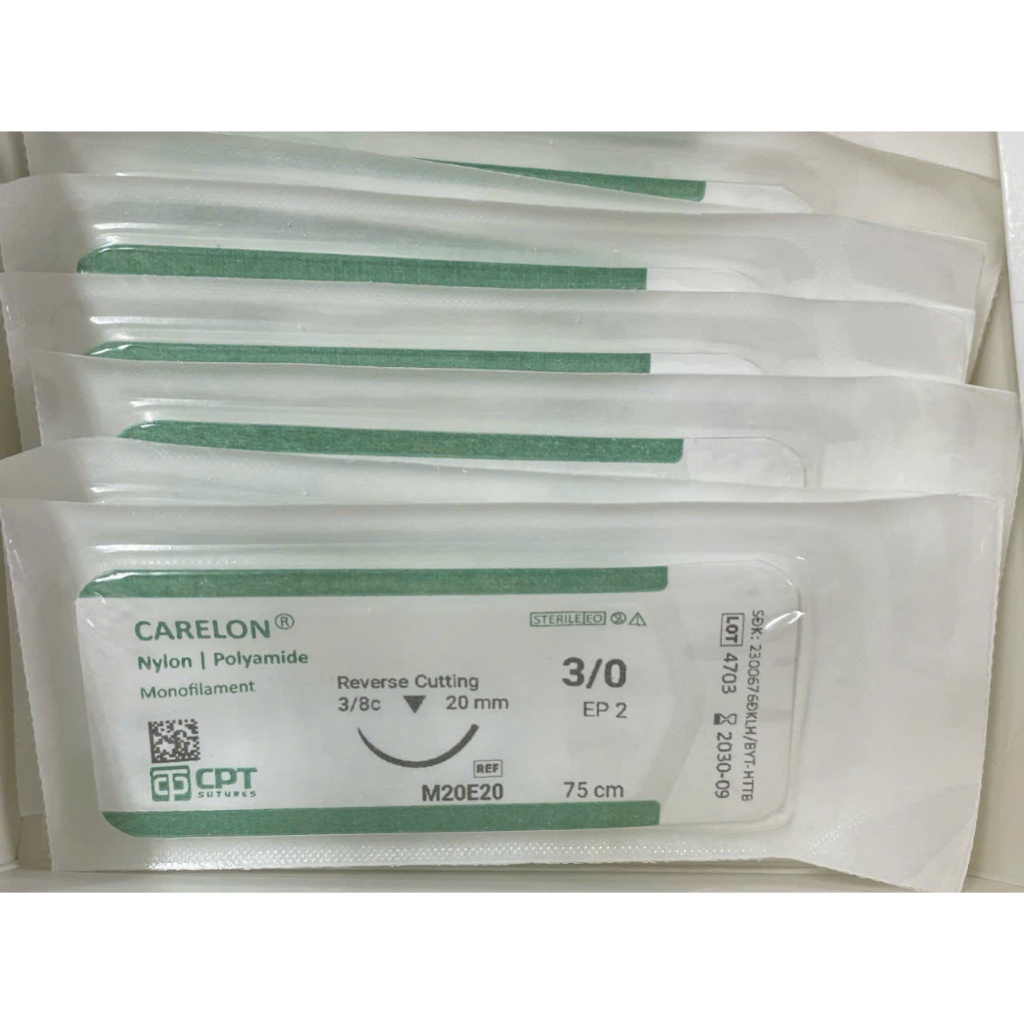 Hộp 24 tép chỉ Nylon CPT 3.0 Mã M20E20.Chỉ phẫu thuật CPT Carelon Nylon số 3/0 tròn đều, co dãn tốt