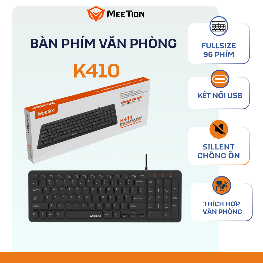 Bàn phím văn phòng chống ồn MeeTion K410 thiết kế mỏng gọn, keycap gia công UV độ bền cao