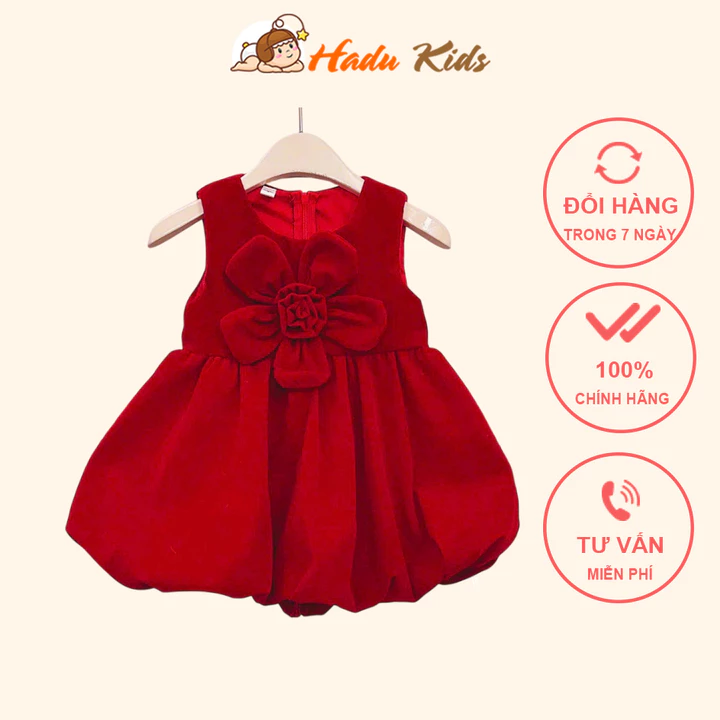 Váy nhung đỏ cho bé gái Noel Tết Đầm bé gái, váy bé gái mặc được nhiều kiểu hè thu đông babydoll Hadukid